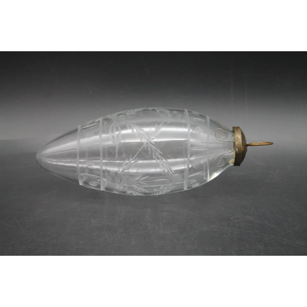 Vintage Etched Clear Glass Christmas Teardrop Ornament Brass Cap 7.5 Inch